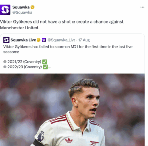 Gyokeres failed to take a shot on target against Manchester United